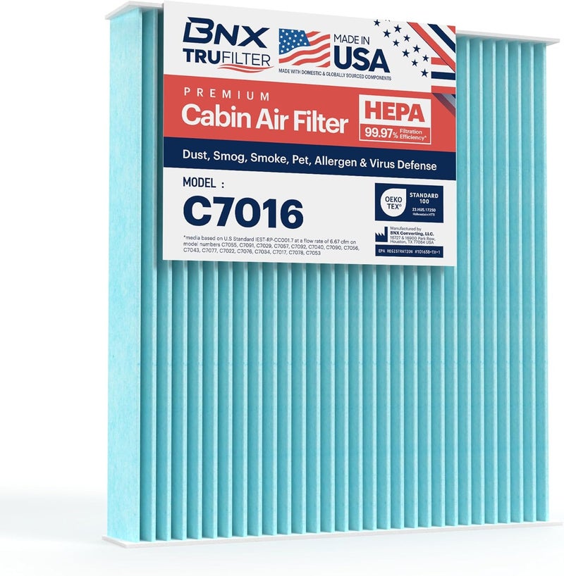 TruFilter C7016 Cabin Air Filter, HEPA 99.97%, MADE IN USA, Compatible With Ram: 1500 Pickup; Chrysler: 200, Sebring; Dodge: Avenger, Caliber, Journey; Compatible with Jeep: Compass, Patriot